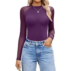 Women's Crew Neck One Piece Shirt Long Sleeve Bodysuit Dark Purple Leotards Tops